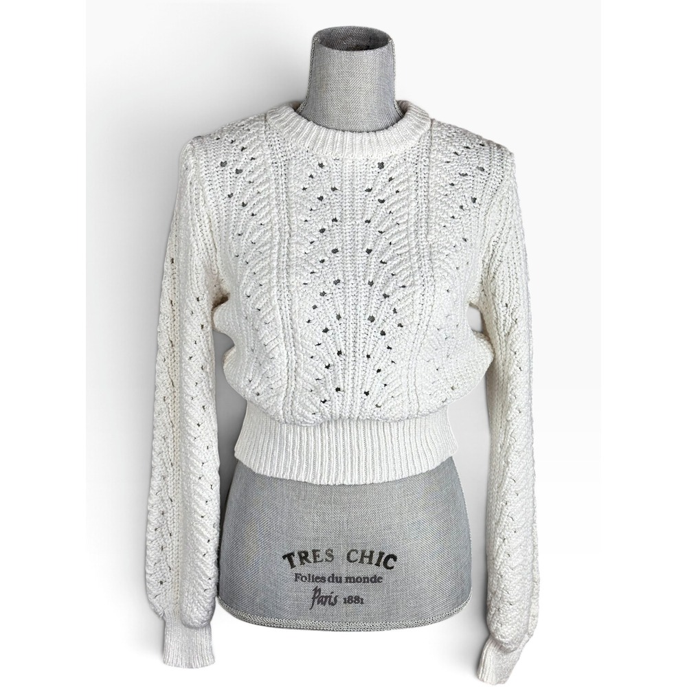 Dynamite White Cable Knit Pointelle Cozy Cropped Crewneck Sweater, Medium